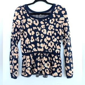 Anthropologie Moth Leopard Print Peplum Flare Crewneck Long Sleeve Sweater Sz S